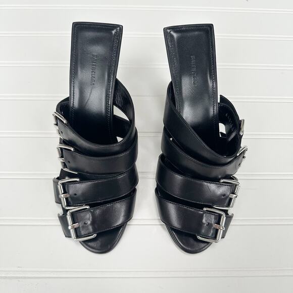 Balenciaga Black Leather Buckle Strappy Sandal Mule Stiletto Heel Slides 6 NEW - Picture 1 of 11